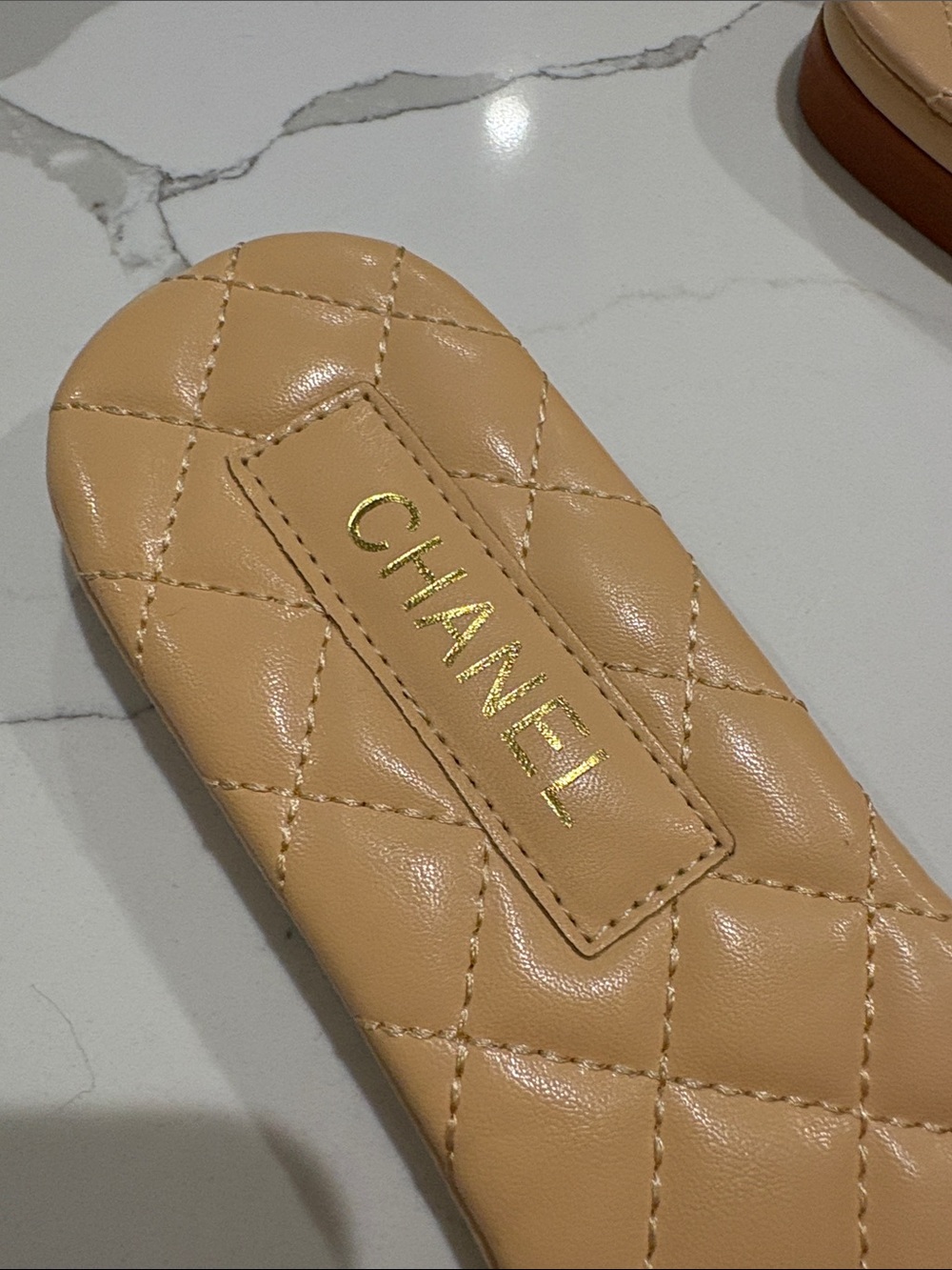 CHANEL Quilted Beige Slide Sandals with Gold CC Chain - Picture 3 of 5